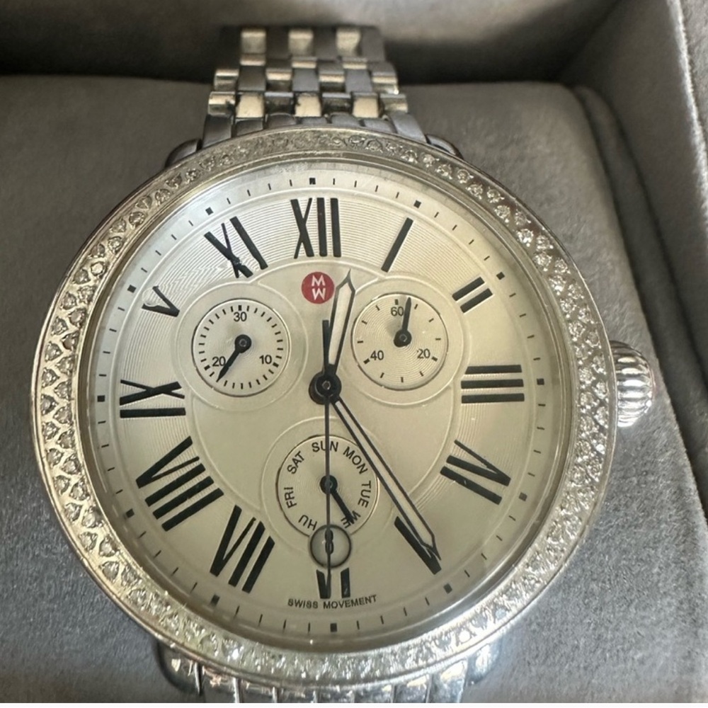 Michele Serein Woman’s Silver Watch With Roman Numerals. Links and box included!